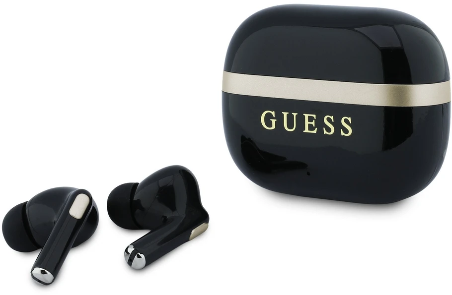 Guess Auksinė Line blizgaus paviršiaus TWS belaidės ausinės, juodos
