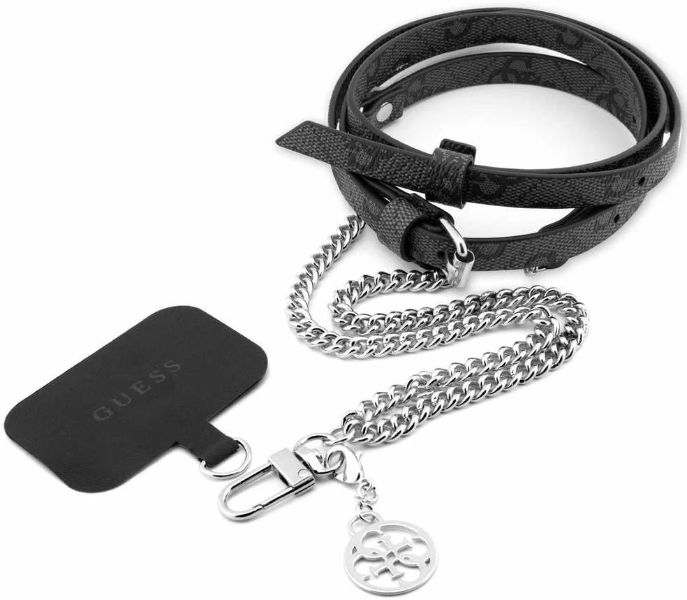 Dėklas Guess Crossbody Strap PU 4G grandinėlė su žavesiu sidabrine/juoda spalva