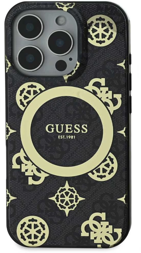 Guess GUHMP16XH4PYEEK Apple iPhone 16 Pro Max 6.9″ juodos spalvos kietas dėklas IML Peony On 4G Background MagSa