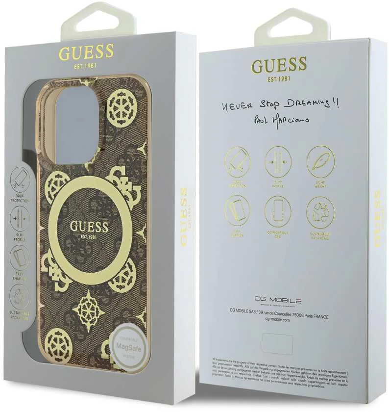 Guess IML Peony On 4G Background MagSafe Case Apple iPhone 16 Pro – dėklas telefonui rudos spalvos