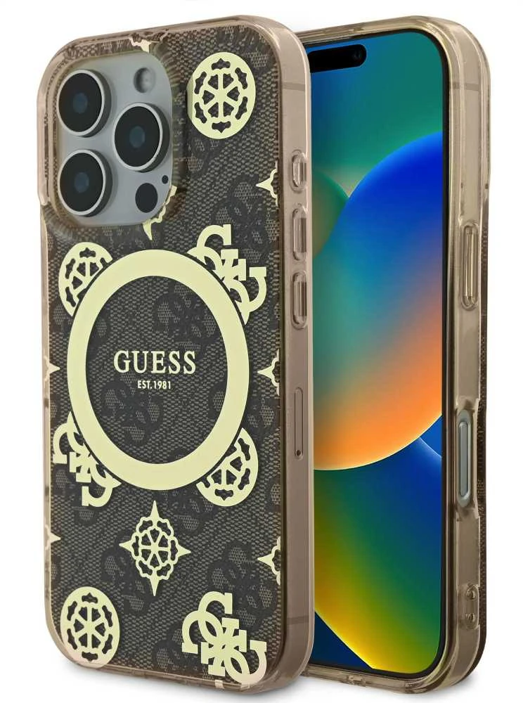 Guess IML Peony On 4G Background MagSafe Case Apple iPhone 16 Pro – dėklas telefonui rudos spalvos