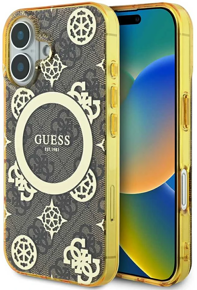 Guess IML Peony On 4G Background MagSafe Apple iPhone 16 Case – dėklas telefonui rudos spalvos