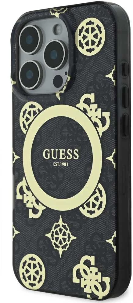 Guess GUHMP16LH4PYEEK Apple iPhone 16 Pro 6.3″ juodos spalvos kietas dėklas IML Peony On 4G Background MagSafe