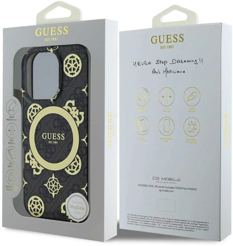 Guess GUHMP16XH4PYEEK Apple iPhone 16 Pro Max 6.9″ juodos spalvos kietas dėklas IML Peony On 4G Background MagSa