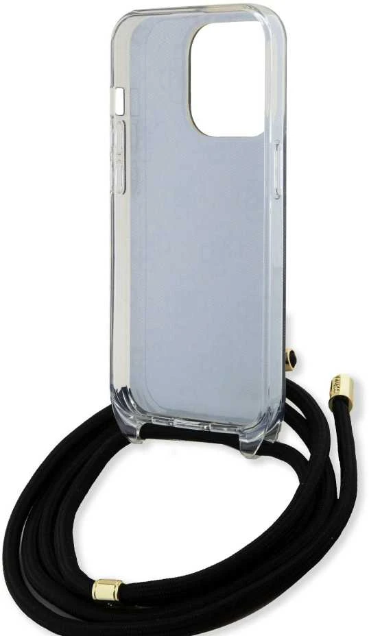 Guess GUHCP15LHC4SEK Apple iPhone 15 Pro 6.1″ juodos spalvos kietas dėklas Crossbody Cord 4G Print