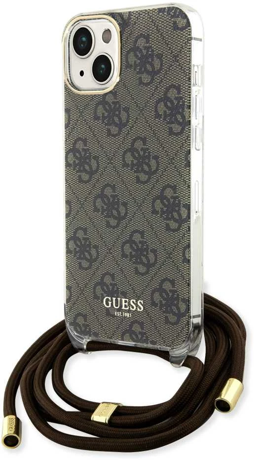 Guess GUHCP15SHC4SEW Apple iPhone 15 / 14 / 13 6.1″ rudos spalvos kietas dėklas Crossbody Cord 4G Print