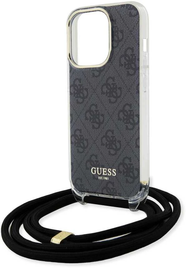 Guess GUHCP15LHC4SEK Apple iPhone 15 Pro 6.1″ juodos spalvos kietas dėklas Crossbody Cord 4G Print