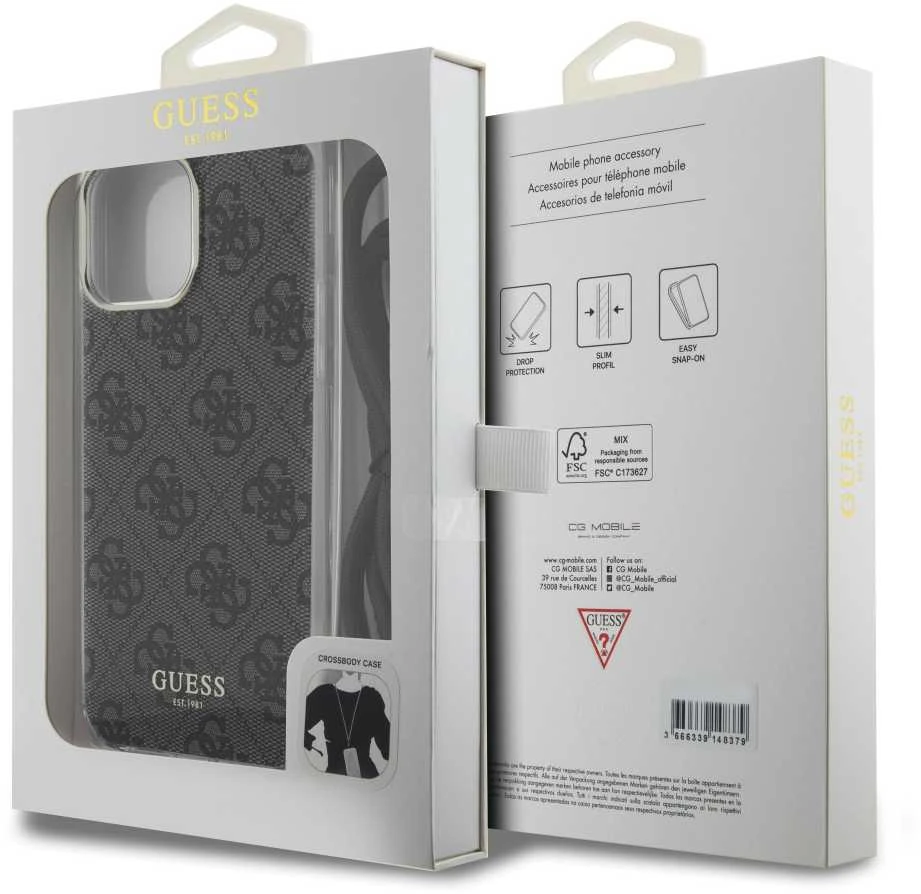 Dėklas GUESS GUHCP15XHC4SEK IPHONE 15 PRO MAX 6.7 "Juodas/Juodas HARDCASE CROSSBODY CORD 4G PRINT