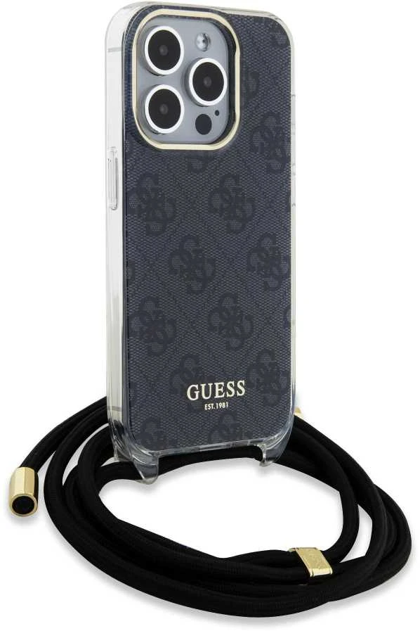 Guess GUHCP15LHC4SEK Apple iPhone 15 Pro 6.1″ juodos spalvos kietas dėklas Crossbody Cord 4G Print