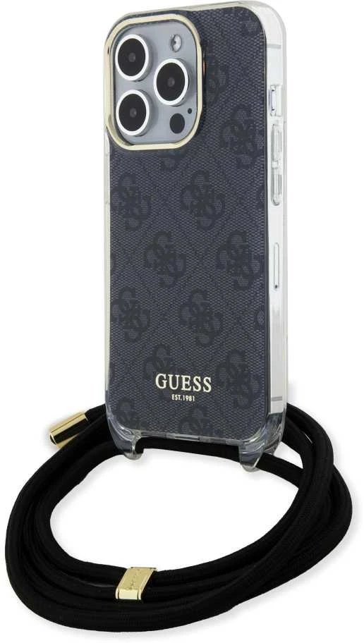 Guess GUHCP15LHC4SEK Apple iPhone 15 Pro 6.1″ juodos spalvos kietas dėklas Crossbody Cord 4G Print
