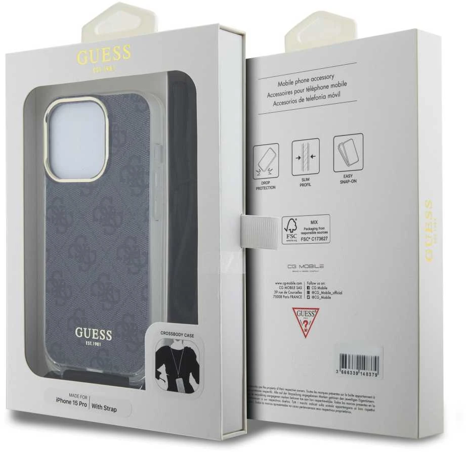 Guess GUHCP15LHC4SEK Apple iPhone 15 Pro 6.1″ juodos spalvos kietas dėklas Crossbody Cord 4G Print