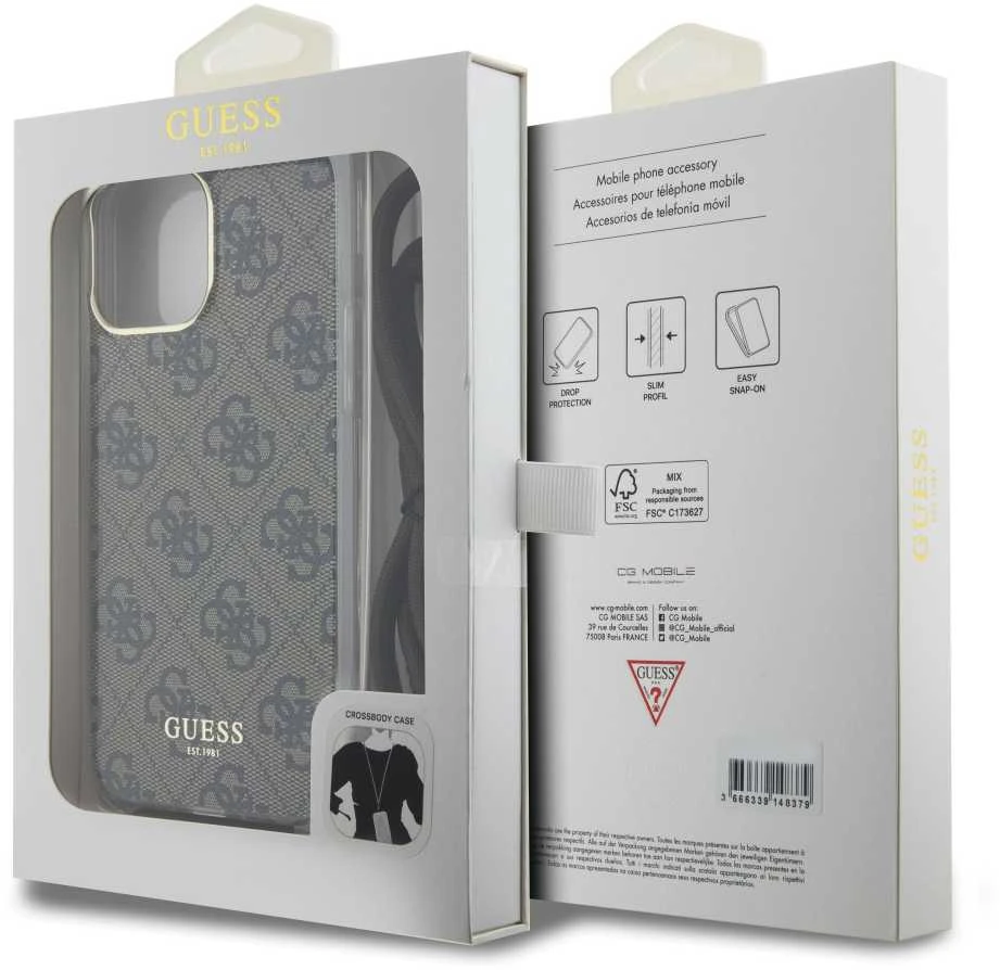 Dėklas GUESS GUHCP15XHC4SEW IPHONE 15 PRO MAX 6.7 "BROWN/BROWN HARDCASE CROSSBODY CORD 4G PRINT