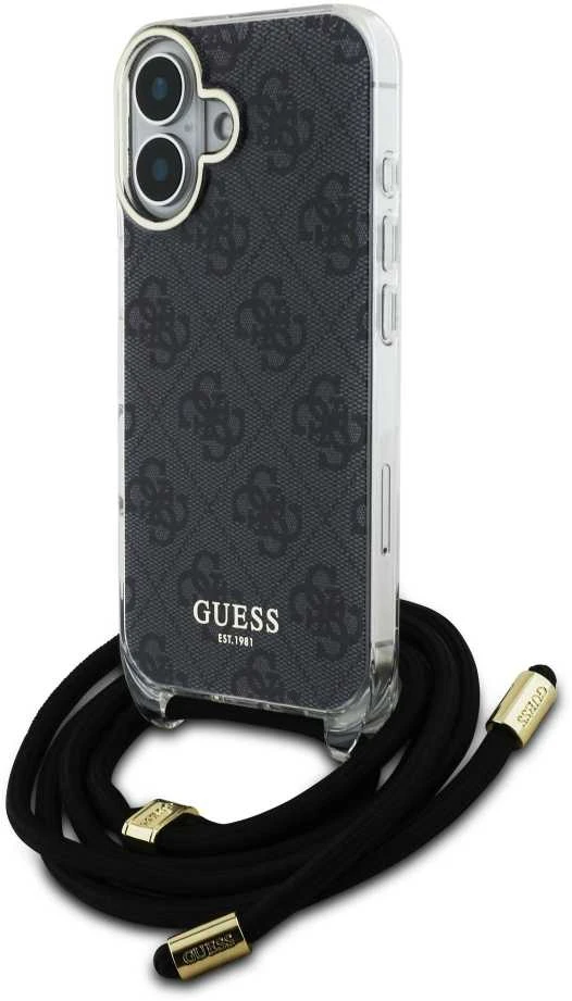 Guess GUHCP16SHC4SEK Apple iPhone 16 6.1″ juodos spalvos kietas dėklas Crossbody Cord 4G Print
