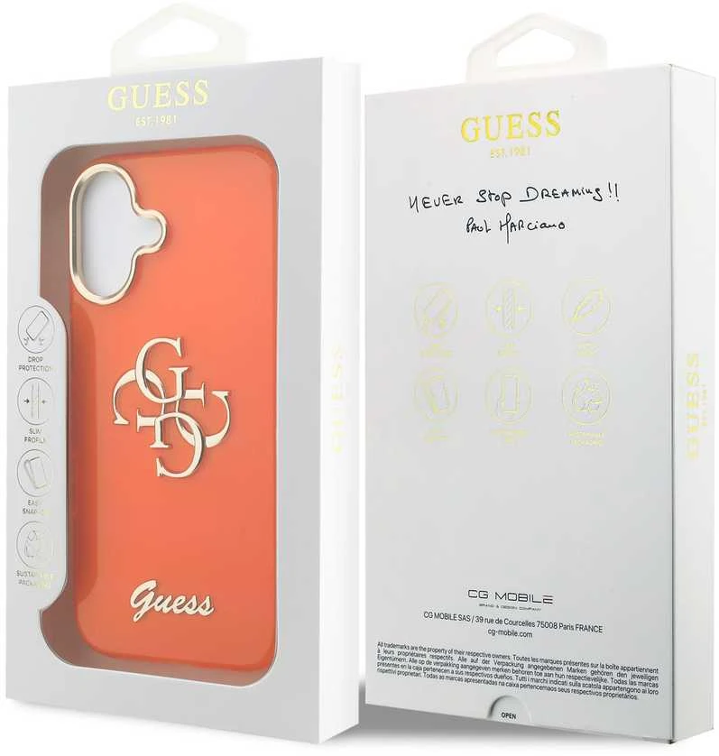 Guess IML 4G Script Metal Logo dėklas skirtas iPhone 17 Oranžinis
