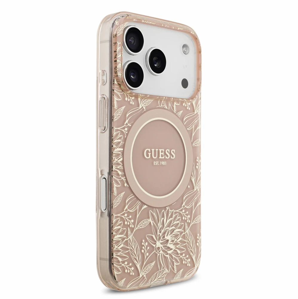 Dėklas Guess IML Flowers Allover Strap MagSafe Case, skirtas iPhone 18 Pro, rožinė
