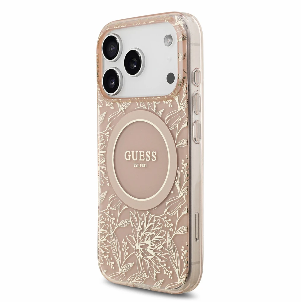 Dėklas Guess IML Flowers Allover Strap MagSafe Case, skirtas iPhone 18 Pro, rožinė