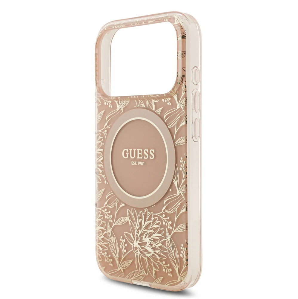 Dėklas Guess IML Flowers Allover Strap MagSafe Case, skirtas iPhone 18 Pro, rožinė