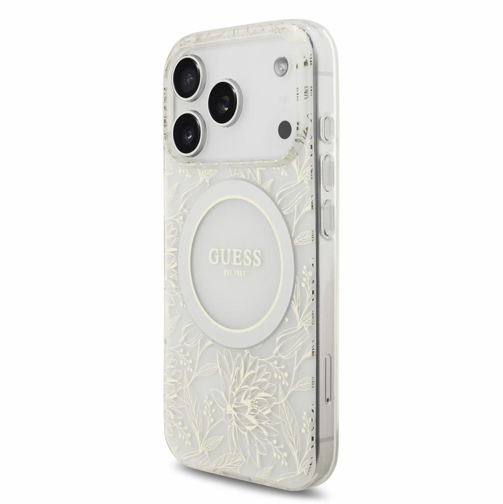 Dėklas Guess IML Flowers Allover Electroplated with Pearl Strap MagSafe, skirtas iPhone 18 Pro / 17 Pro, baltas