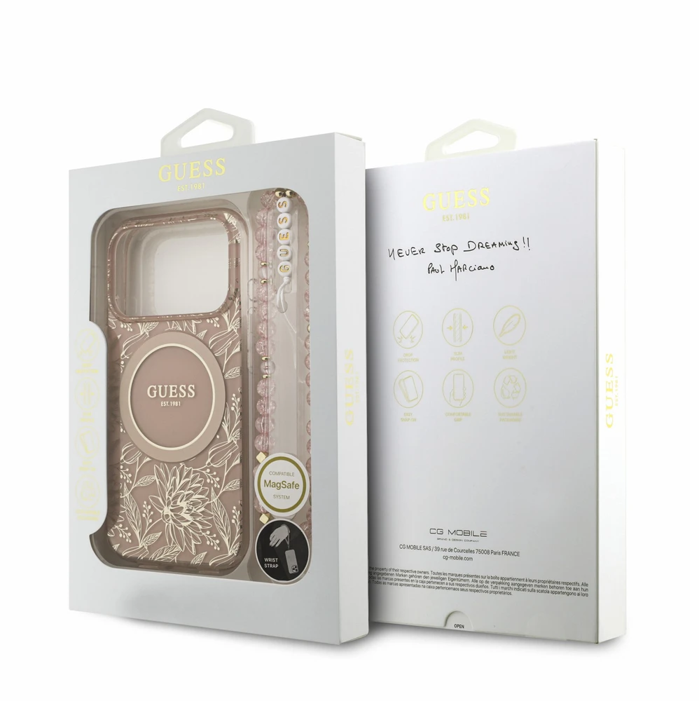 Dėklas Guess IML Flowers Allover Strap MagSafe Case, skirtas iPhone 18 Pro, rožinė