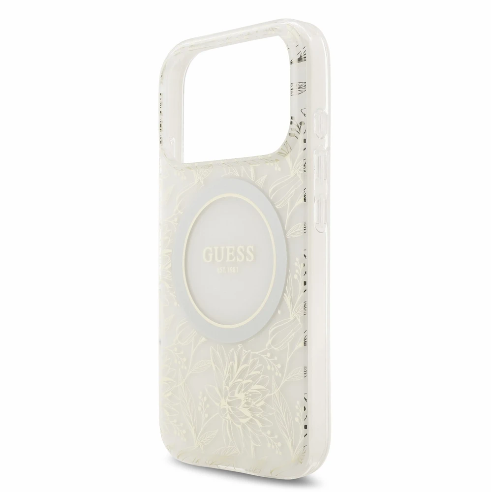 Dėklas Guess IML Flowers Allover Electroplated with Pearl Strap MagSafe, skirtas iPhone 18 Pro / 17 Pro, baltas
