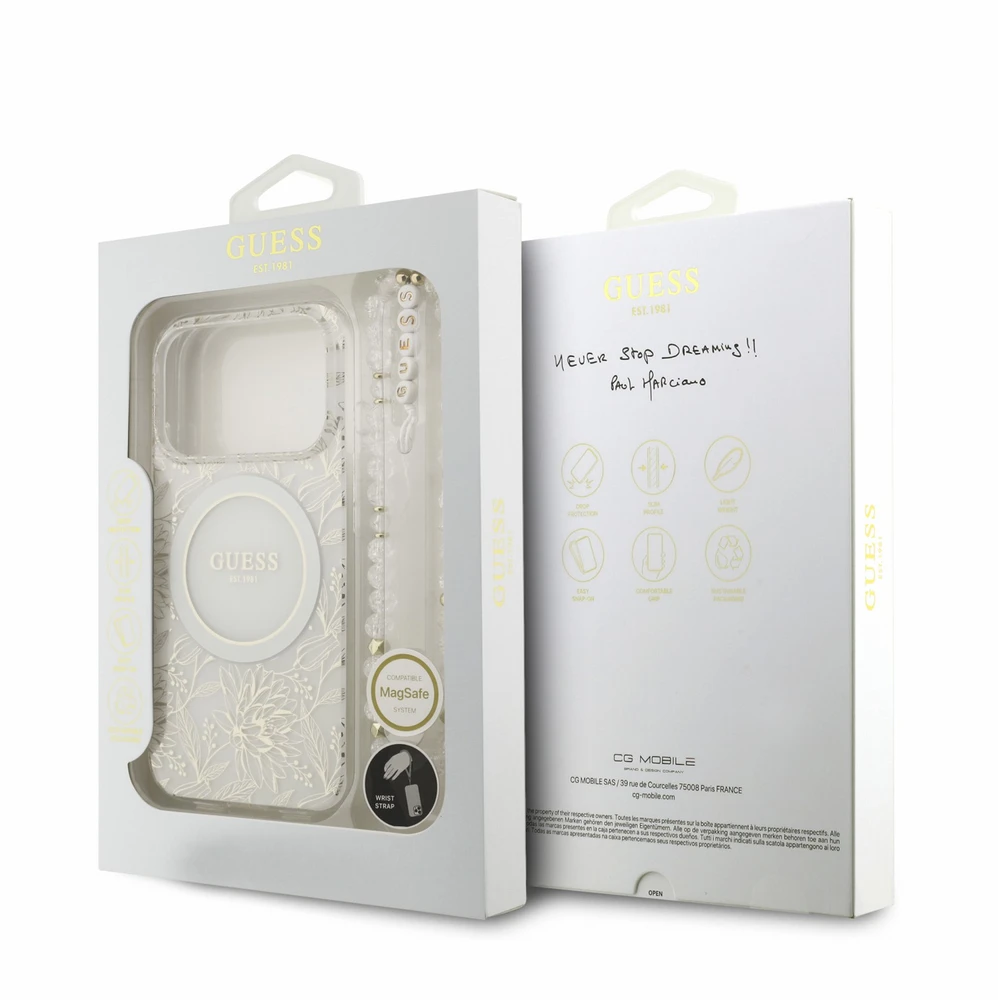 Dėklas Guess IML Flowers Allover Electroplated with Pearl Strap MagSafe, skirtas iPhone 18 Pro / 17 Pro, baltas
