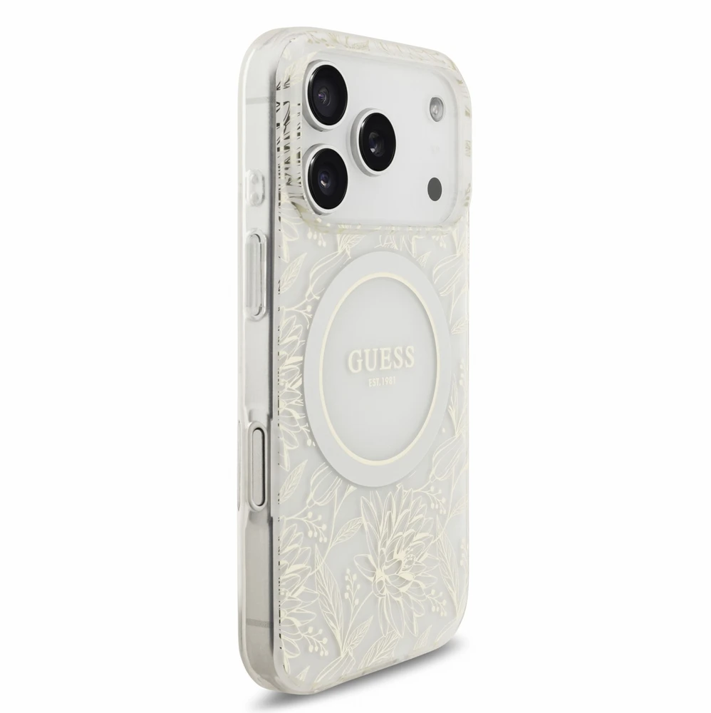 Dėklas Guess IML Flowers Allover Electroplated with Pearl Strap MagSafe, skirtas iPhone 18 Pro / 17 Pro, baltas