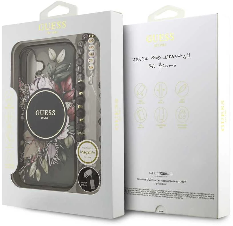 Guess IML Flowers Strap MagSafe dėklas skirtas Apple iPhone 17 juodos spalvos