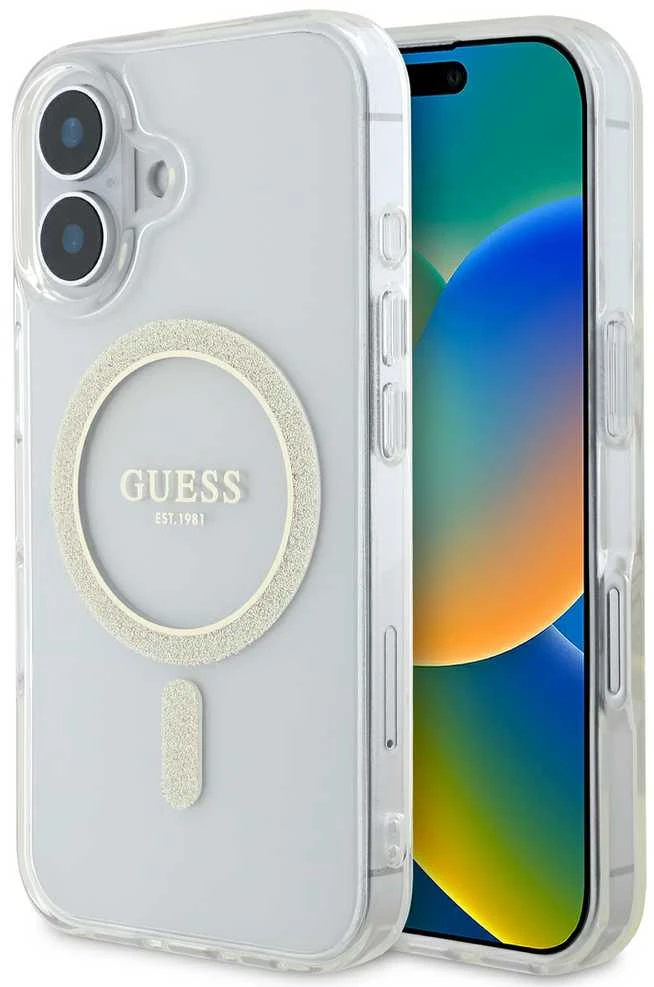 Guess GUHMP16SHFGERET Apple iPhone 16 6.1″ skaidrus kietas dėklas IML Glitter Circle MagSafe