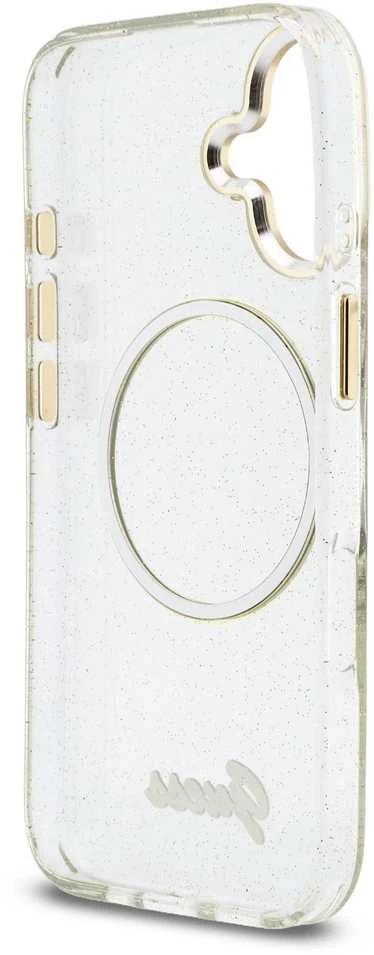 Guess IML Glitter Script Strap MagSafe dėklas skirtas iPhone 17 Transparent