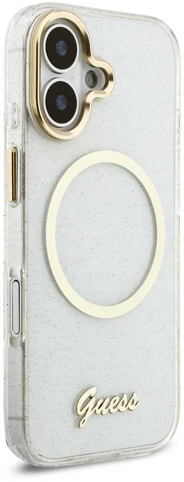 Guess IML Glitter Script Strap MagSafe dėklas skirtas iPhone 17 Transparent
