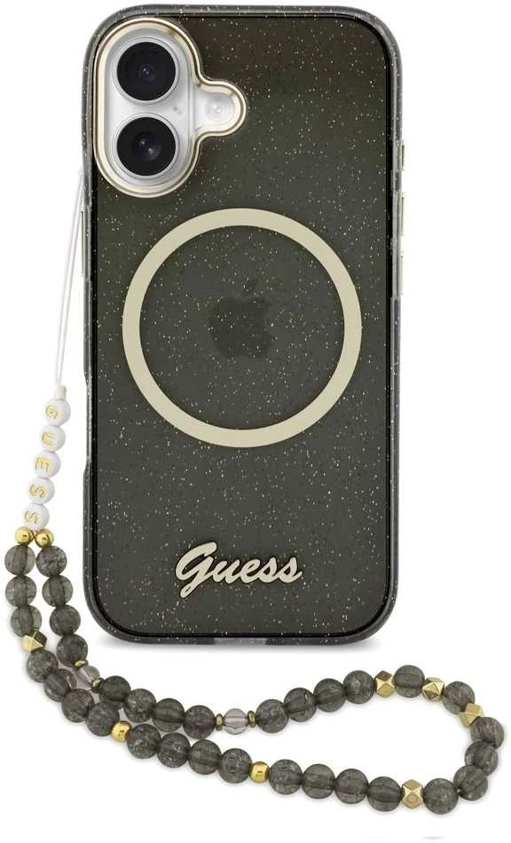 Guess IML Glitter Script Strap MagSafe dėklas skirtas iPhone 17 Juodas