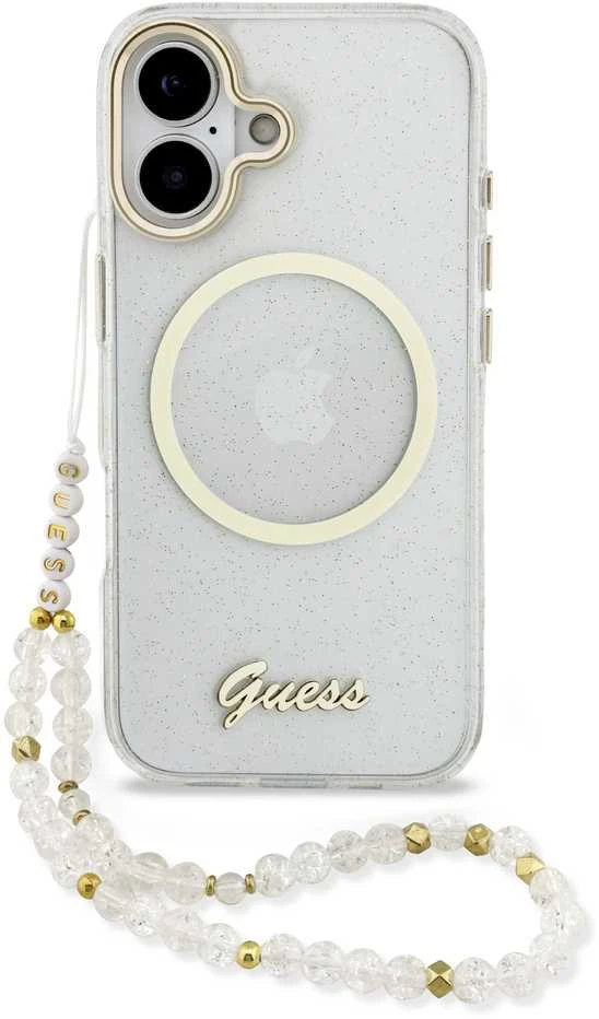 Guess IML Glitter Script Strap MagSafe dėklas skirtas iPhone 17 Transparent