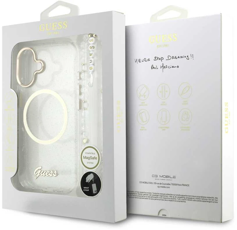 Guess IML Glitter Script Strap MagSafe dėklas skirtas iPhone 17 Transparent