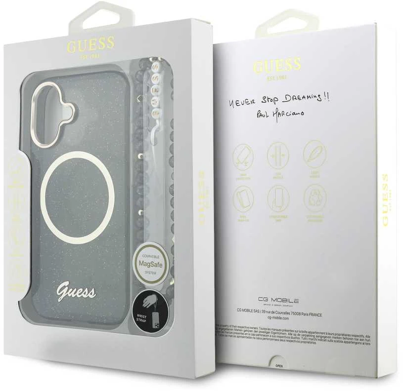 Guess IML Glitter Script Strap MagSafe dėklas skirtas iPhone 17 Juodas