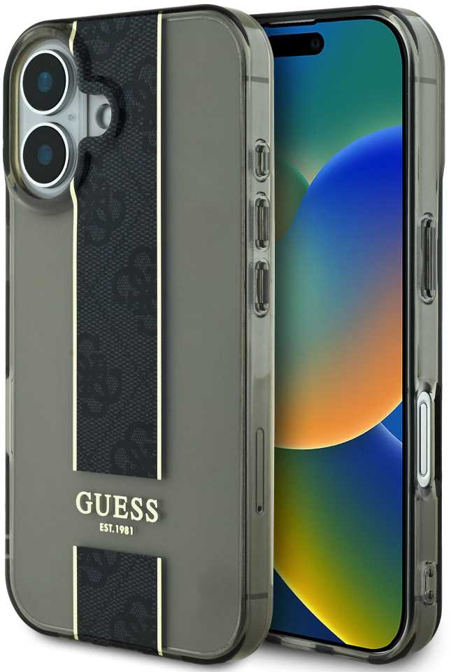 Guess IML Middle 4G Stripe Apple iPhone 16 dėklas telefonui juodos spalvos