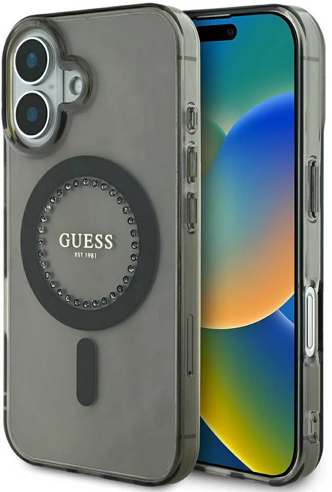Guess IML Rhinestones MagSafe Apple iPhone 16 – dėklas telefonui juodos spalvos
