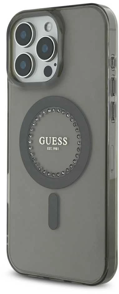 Guess GUHMP16LPFTDTEK Apple iPhone 16 Pro 6.3″ juodos spalvos kietas dėklas IML Rhinestones MagSafe