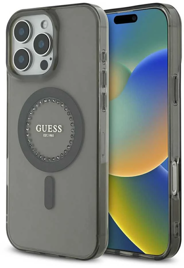 Guess GUHMP16LPFTDTEK Apple iPhone 16 Pro 6.3″ juodos spalvos kietas dėklas IML Rhinestones MagSafe