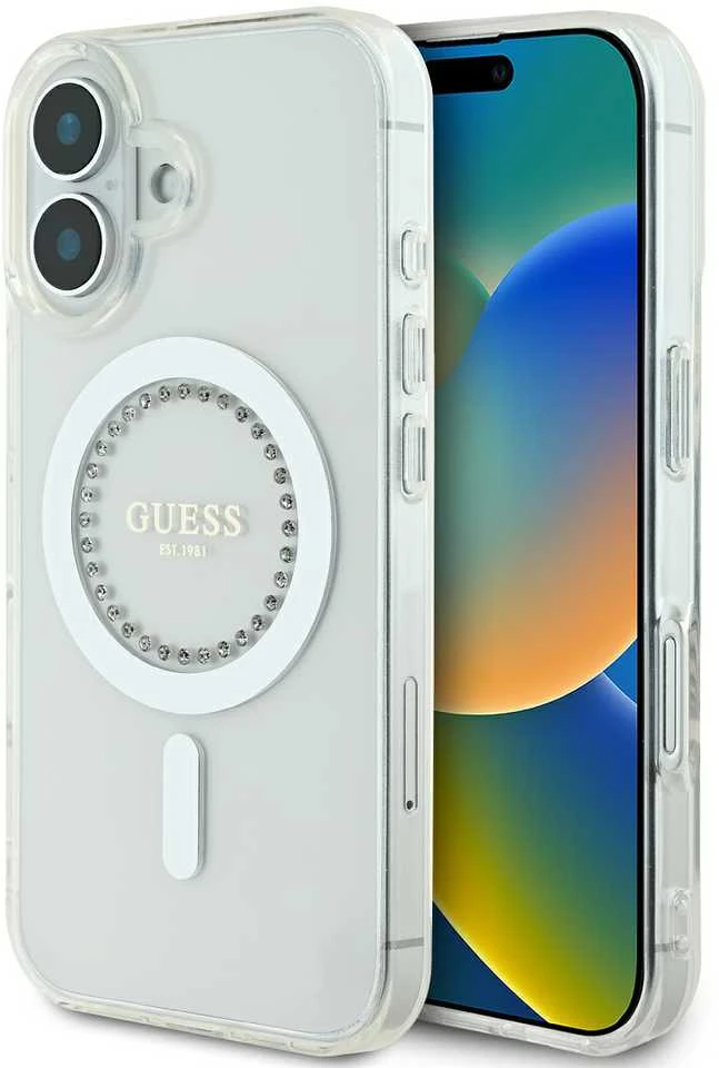 Guess GUHMP16SPFTDTEH Apple iPhone 16 6.1″ baltos spalvos kietas dėklas IML Rhinestones MagSafe