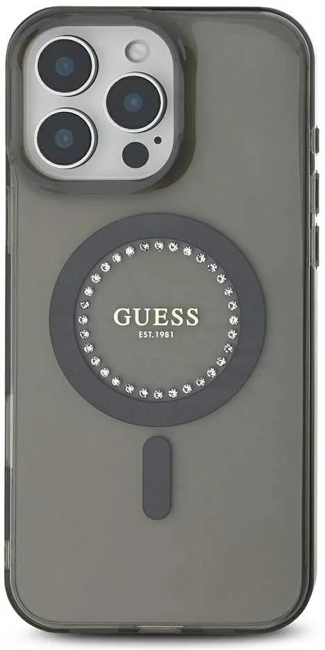 Guess GUHMP16XPFTDTEK Apple iPhone 16 Pro Max 6.9″ juodos spalvos kietas dėklas IML Rhinestones MagSafe