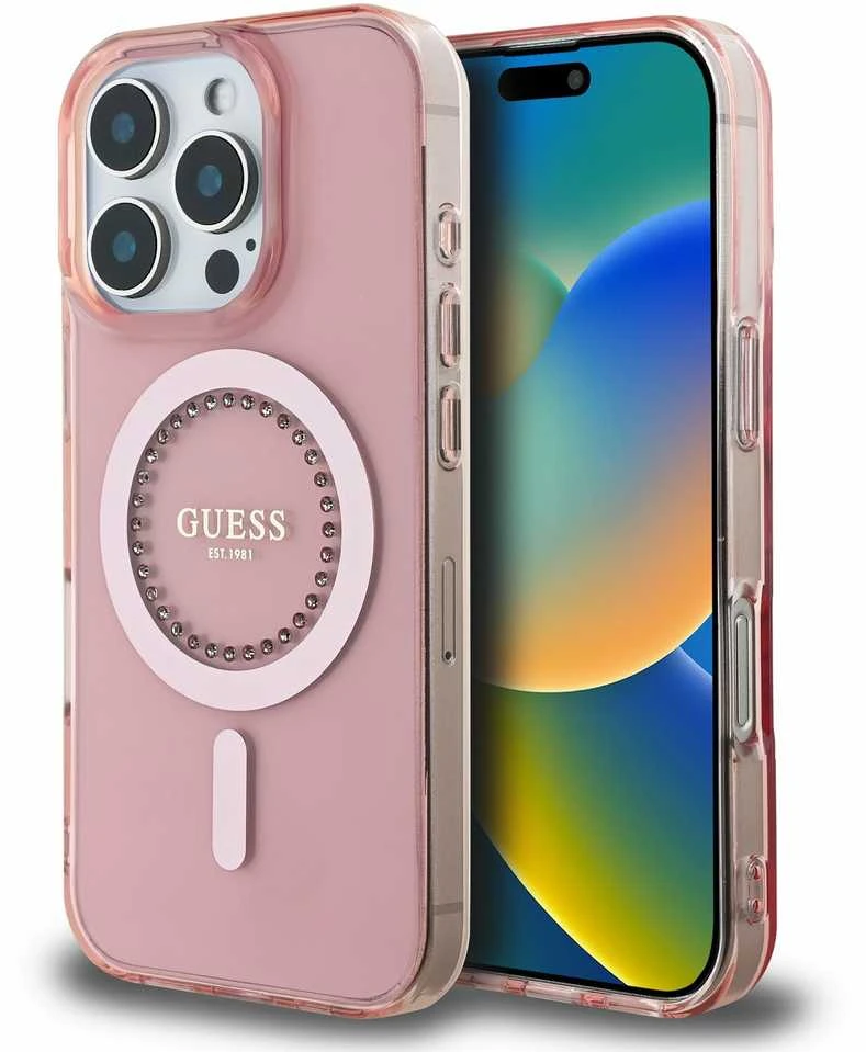 Guess GUHMP16LPFTDTEP Apple iPhone 16 Pro 6.3″ rožinės spalvos kietas dėklas IML Rhinestones MagSafe