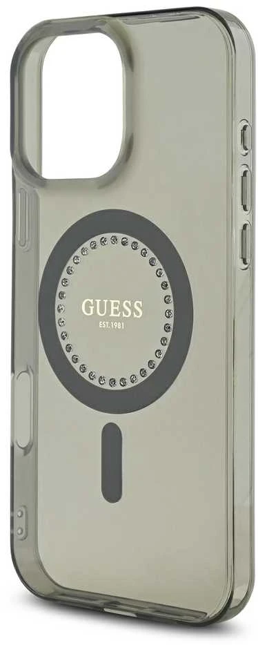 Guess GUHMP16LPFTDTEK Apple iPhone 16 Pro 6.3″ juodos spalvos kietas dėklas IML Rhinestones MagSafe