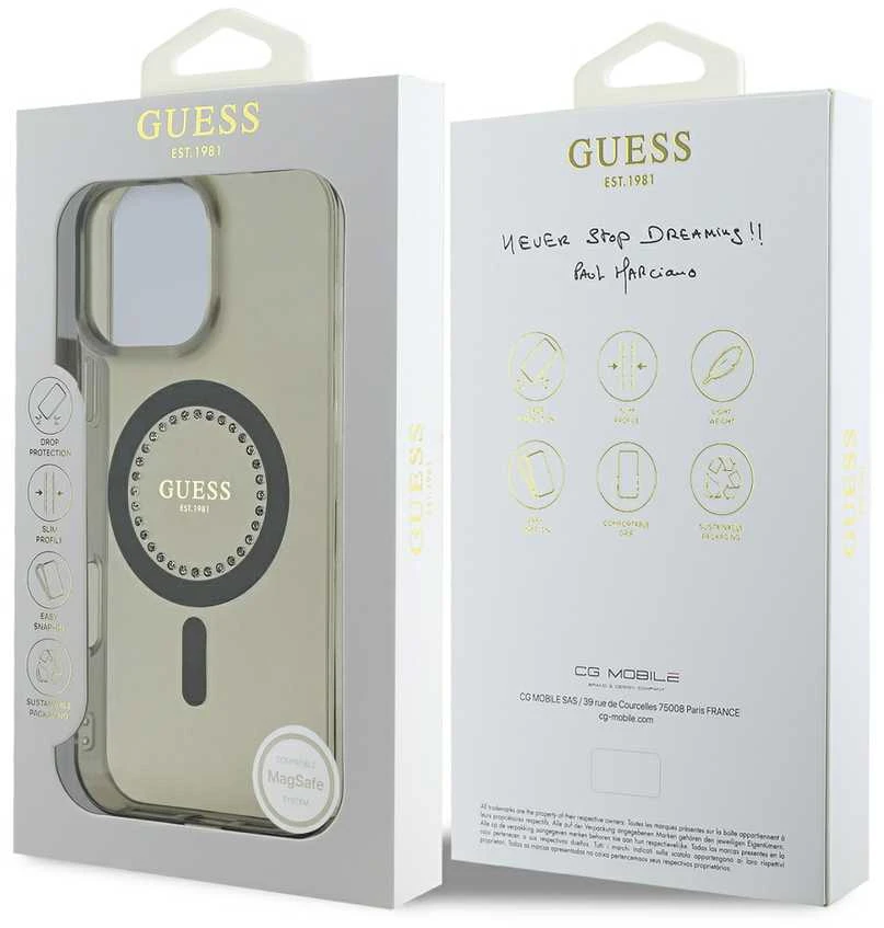 Guess GUHMP16LPFTDTEK Apple iPhone 16 Pro 6.3″ juodos spalvos kietas dėklas IML Rhinestones MagSafe