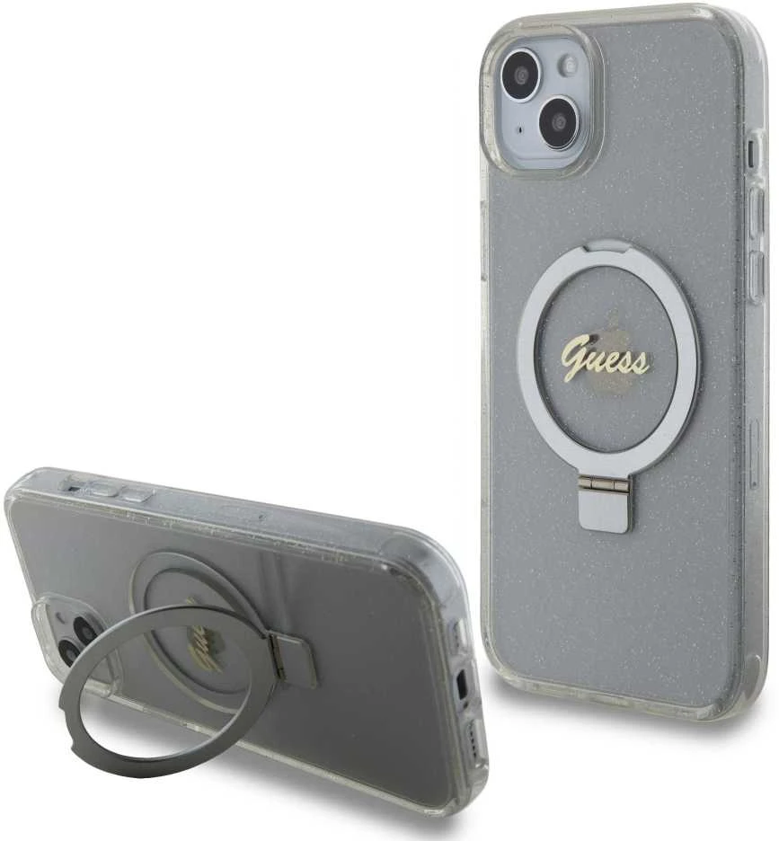 Dėklas GUESS GUHMP15MHRSGSD IPHONE 15 PLUS / 14 PLUS 6.7 "TRANSPARENT / TRANSPARENT HARDCASE RING STAND SCRIPT GLITTER MAGSAFE