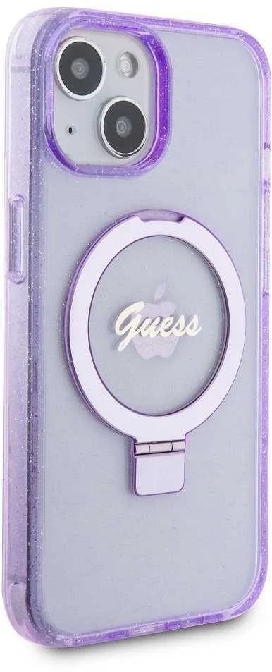 Guess GUHMP15MHRSGSU Apple iPhone 15 Plus/ 14 Plus 6.7″ violetinės spalvos kietas dėklas Ring Stand Script Glitte