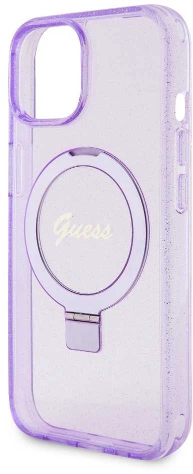 Guess GUHMP15MHRSGSU Apple iPhone 15 Plus/ 14 Plus 6.7″ violetinės spalvos kietas dėklas Ring Stand Script Glitte