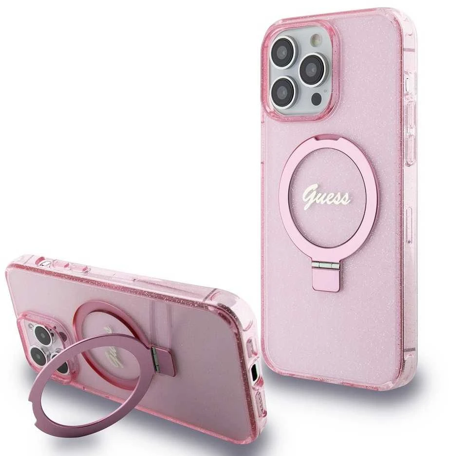 Apple iPhone 15 Pro Guess dėklas Ring Stand Script Glitter MagSafe (GUHMP15LHRSGSP) rožinės spalvos