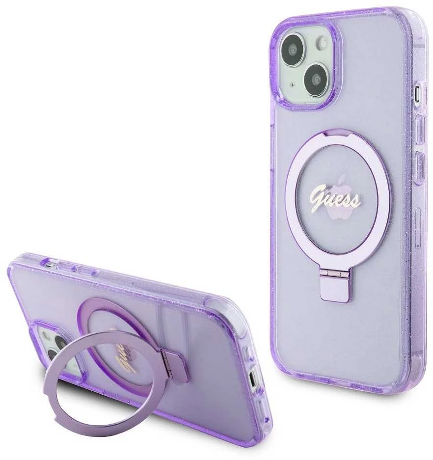 Guess GUHMP15MHRSGSU Apple iPhone 15 Plus/ 14 Plus 6.7″ violetinės spalvos kietas dėklas Ring Stand Script Glitte