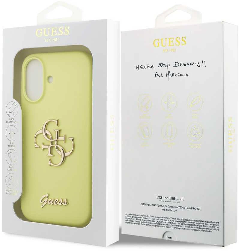 Guess Liquid Silicone 4G Metal Logo dėklas skirtas Apple iPhone 17 geltonos spalvos
