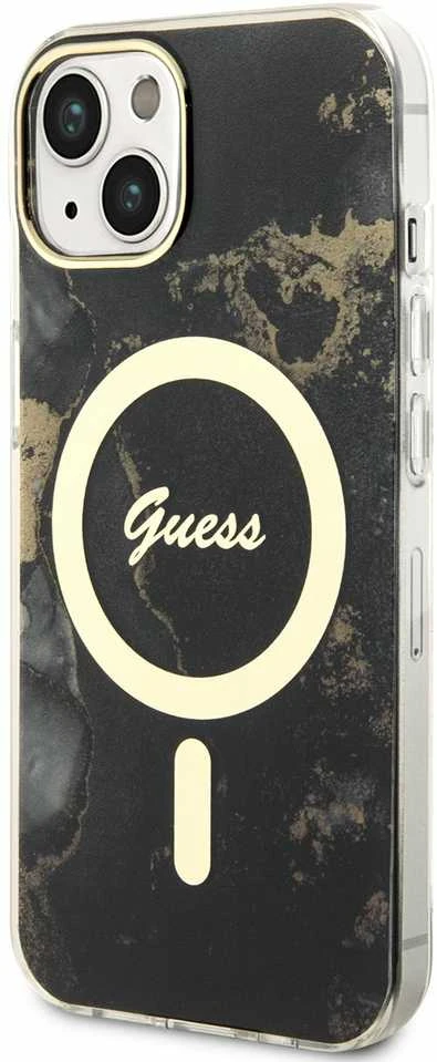 Guess GUHMP14SHTMRSK Apple iPhone 14 / 15 / 136.1″ juodos spalvos kietas dėklas Golden Marble MagSafe